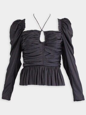 Black Silk Tie-Front Ruched Peplum Blouse